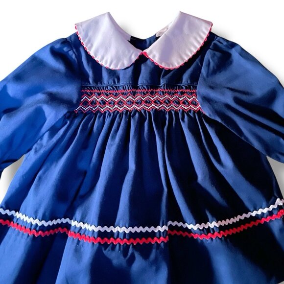 Vintage 1980s Baby Girls Smocked Dress Sz 6 to 12 Month Navy Blue Red White - Picture 3 of 8